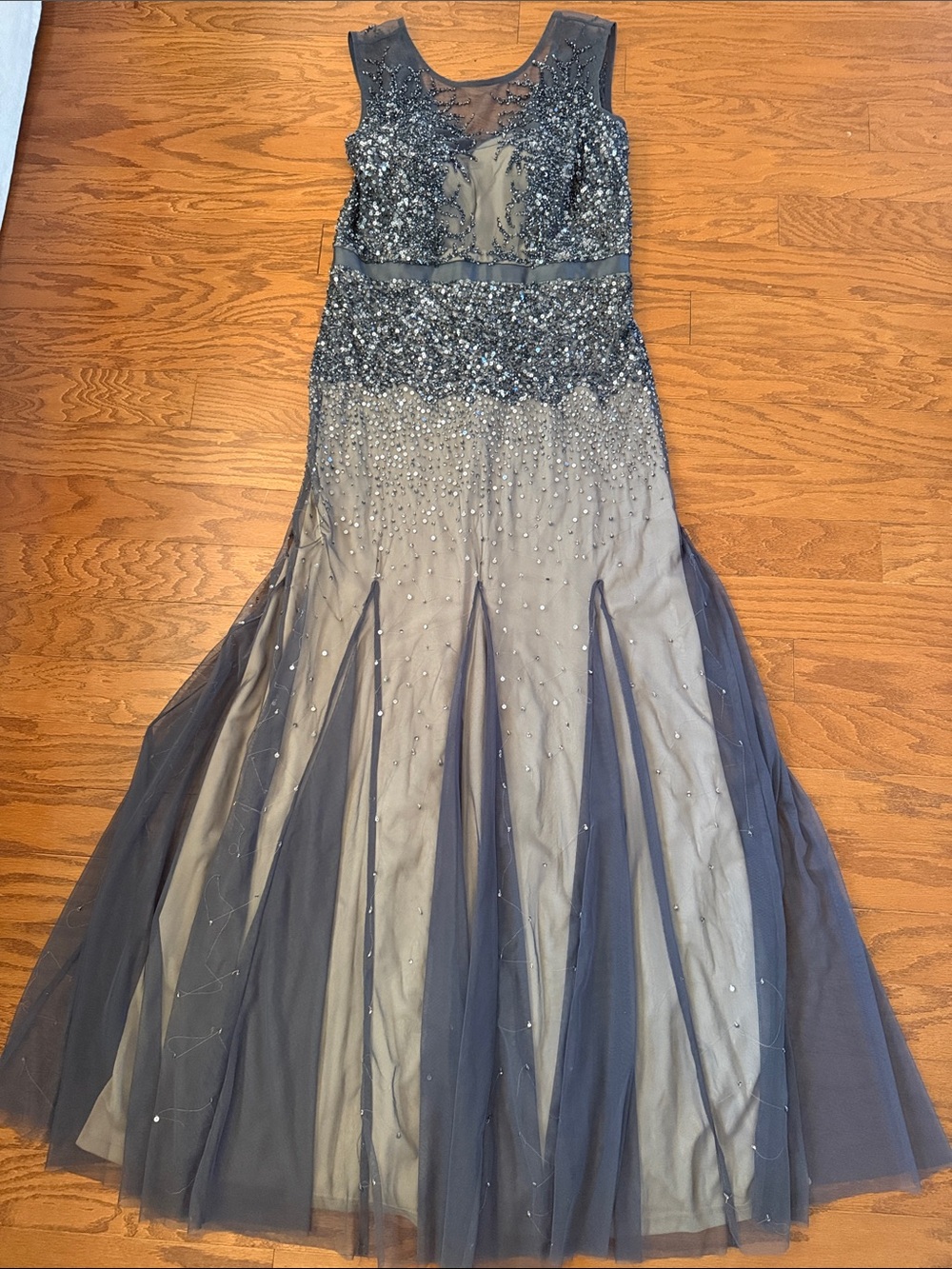 Adrianna Papell beaded mermaid mesh gown in graphite and taupe - Picture 7 of 15